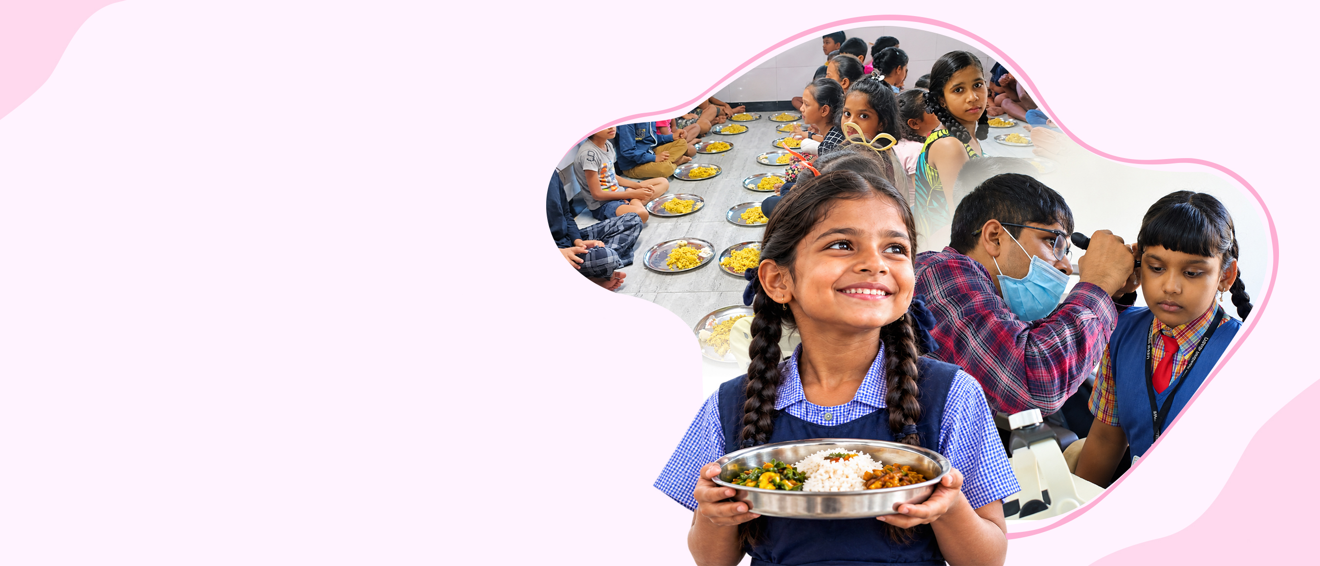 Children enjoying a nutritious meal and a doctor at a free health check-up camp